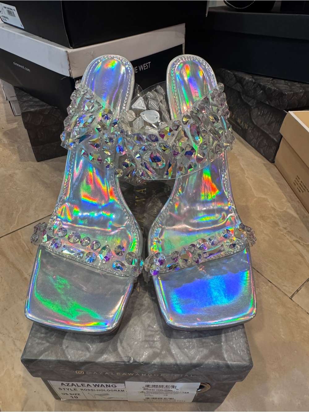 Iridescent Crystal Slide Sandals - Silver Hologram
